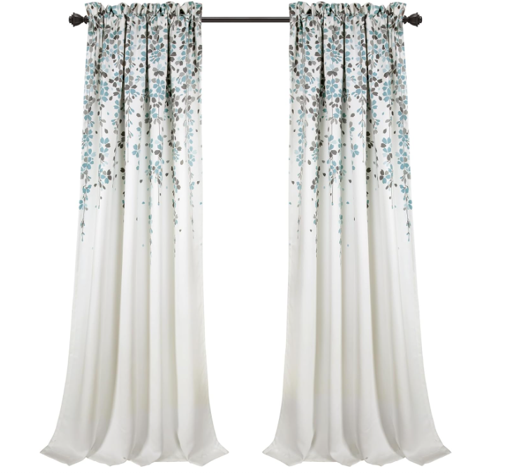 Lush Decor Weeping Flower Light Filtering Window Curtain Panels, Pair, 52"W x 95"L + 2" Header, Blue & Gray - Charming Modern Floral Curtains for Living Room, Dining Room, & Bedroom