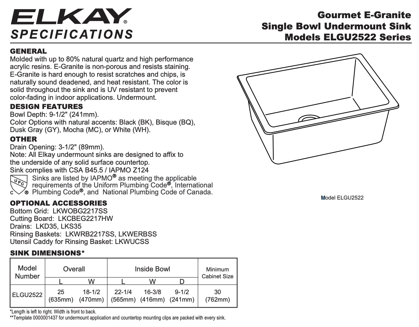 Elkay ELGU2522WH0 UnderMount Single Bowl Kitchen Sink