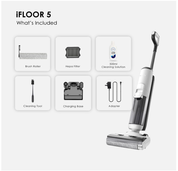 Tineco iFloor 5 - Wet and Dry Vacuum, Cordless, 190W, 30 min Run Time, Self Cleaning, One-Sided Edge Cleaning, Eco and Max Operations Mode