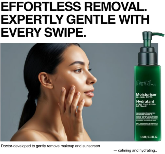 DrGL® Cleanser Makeup Remover 128ml | Lightweight Lotion for Sensitive Skin | Removes Sunscreen & Makeup | With Ginkgo Biloba Extract | Hydrating & Soothing | Fragrance‑Free | Doctor‑Formulated