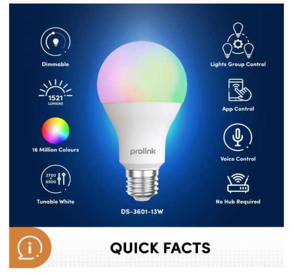 Prolink DS-3601 13W E27 Smart Light LED Bulb / 1521LM / 2700K-6500K / RGB (mEzee app), white