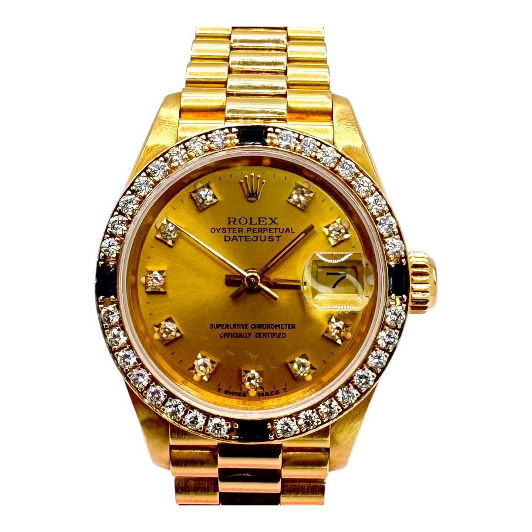 Rolex 69088 Datejust 18KYG Full Gold With Diamond And Blue Sapphire Bezel Watch, 26mm