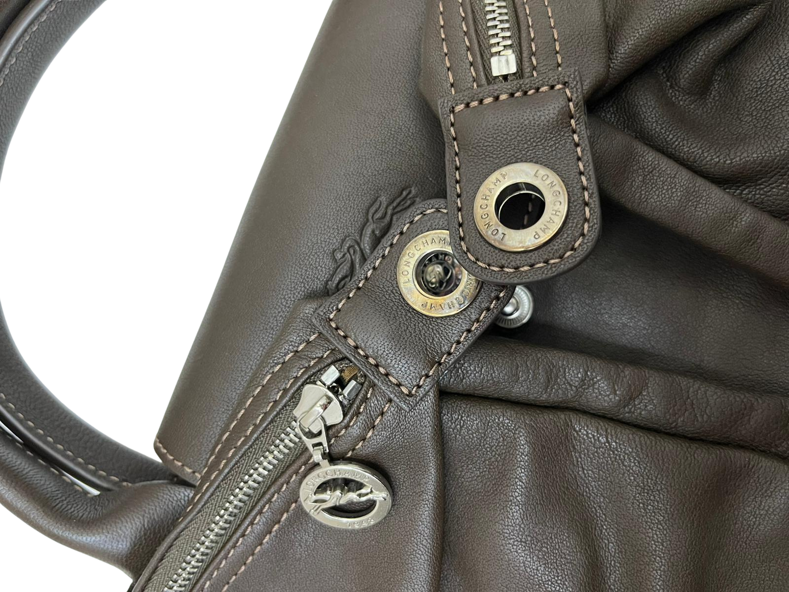 Longchamp Pliage Leather Handbag Brown Medium