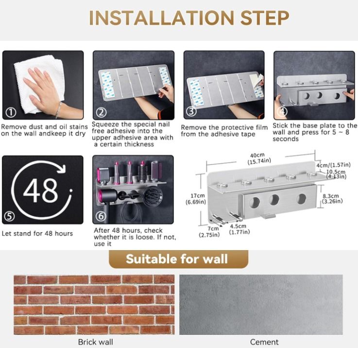 Hair Dryer Holder for Dyson Supersonic Hair Dryer, for Dyson Airwrap Styler Organizer Storage Shelf 2in1 Wall Mounted Stand Fits Curler Diffuser Two Nozzles for Bathroom Bedroom Hair Salon Barbershop