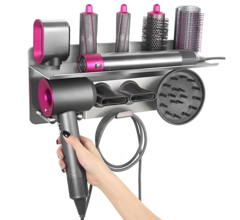 Hair Dryer Holder for Dyson Supersonic Hair Dryer, for Dyson Airwrap Styler Organizer Storage Shelf 2in1 Wall Mounted Stand Fits Curler Diffuser Two Nozzles for Bathroom Bedroom Hair Salon Barbershop