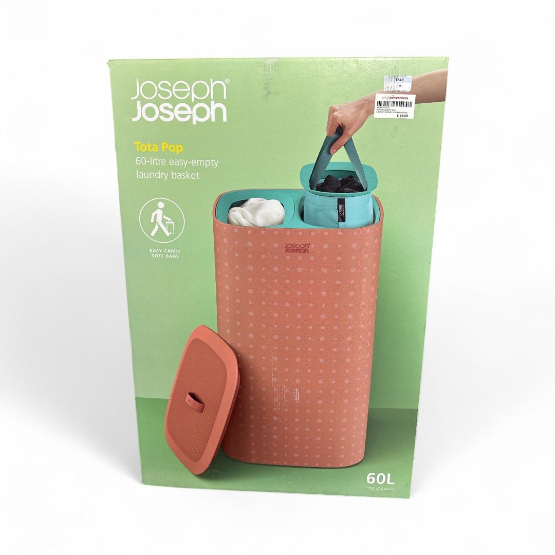oseph Joseph Tota Pop - 60-liter Laundry Hamper Separation Basket with lid, 2 Removable Washing Bags with Handles, Coral/Green