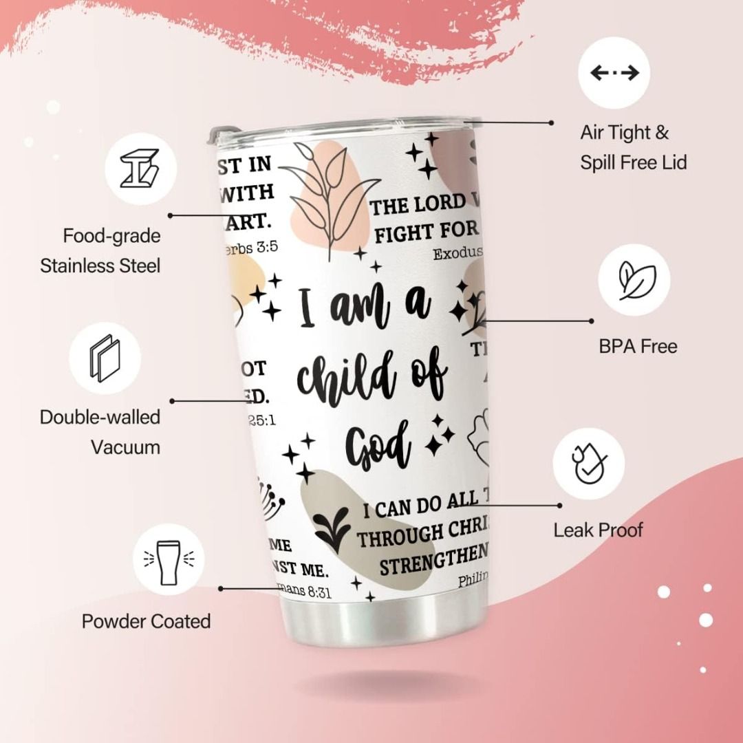 HOMISBES Christian Gifts, Stainless Steel I Am a Child of God Tumbler Cup 20oz
