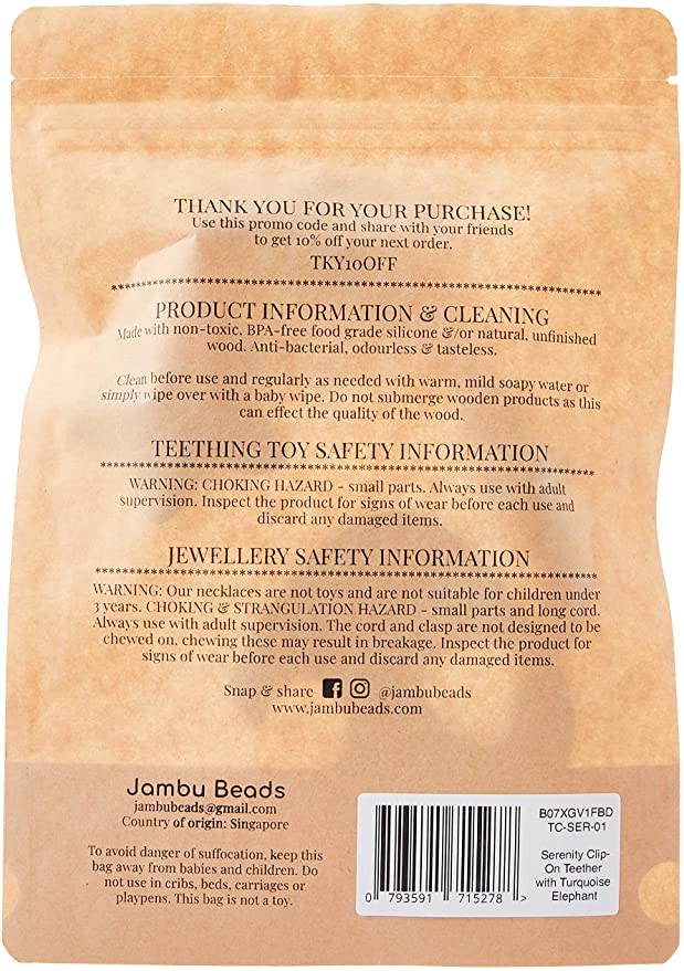 Jambu Beads Serenity Baby Teether ClipOn Turqoise Elephant
