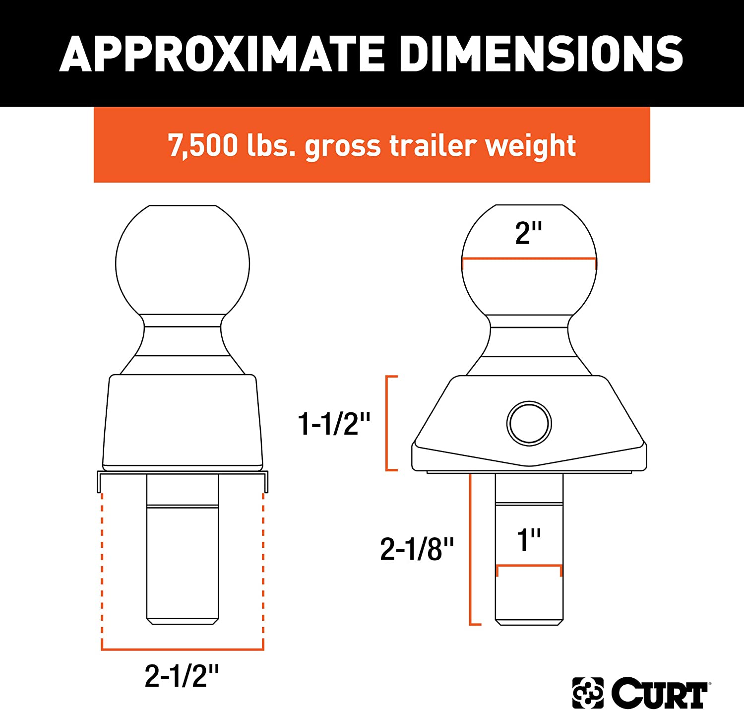 CURT 40047 RockerBall Cushion Hitch Trailer Ball 7500 lbs 2Inch Diameter 1Inch Shank