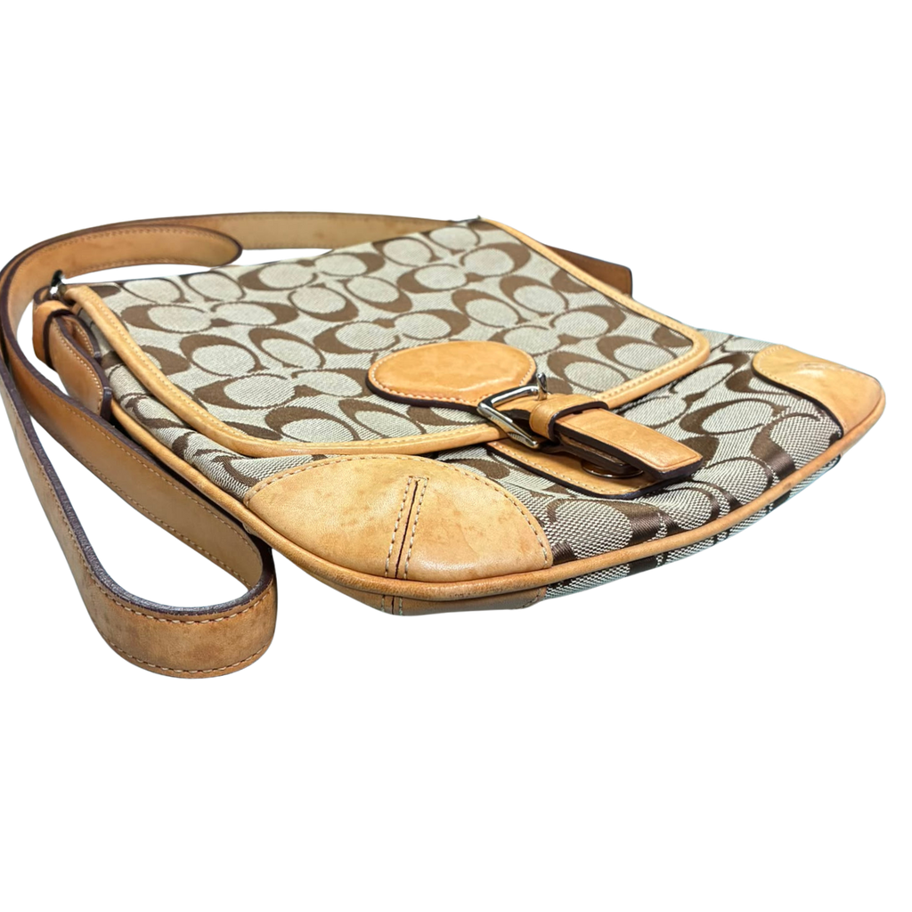 Coach Signature Tan And Brown Canvas Flap Crossbody Bag