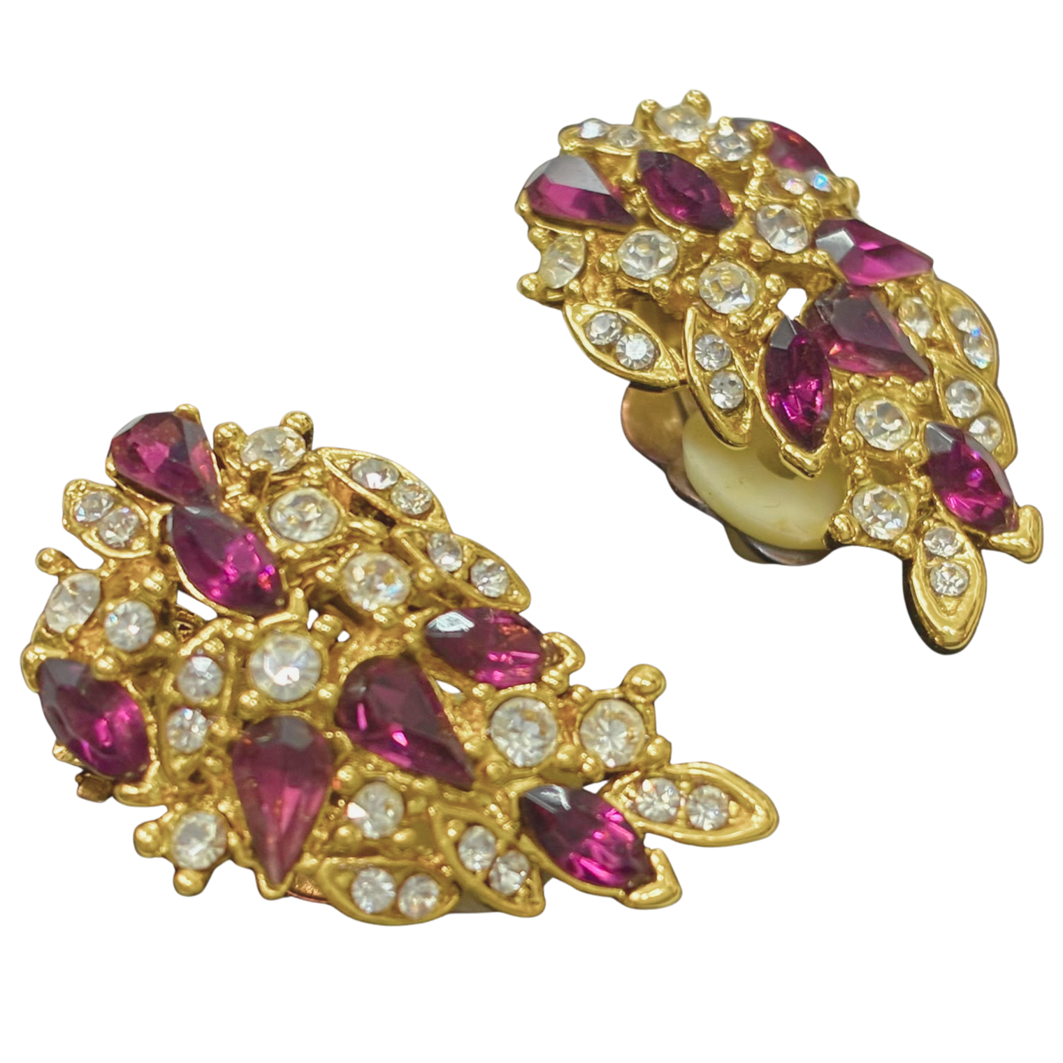 Gold Tone Clip On Earrings Crystal Cluster Leaf Shaped Design Secondary image