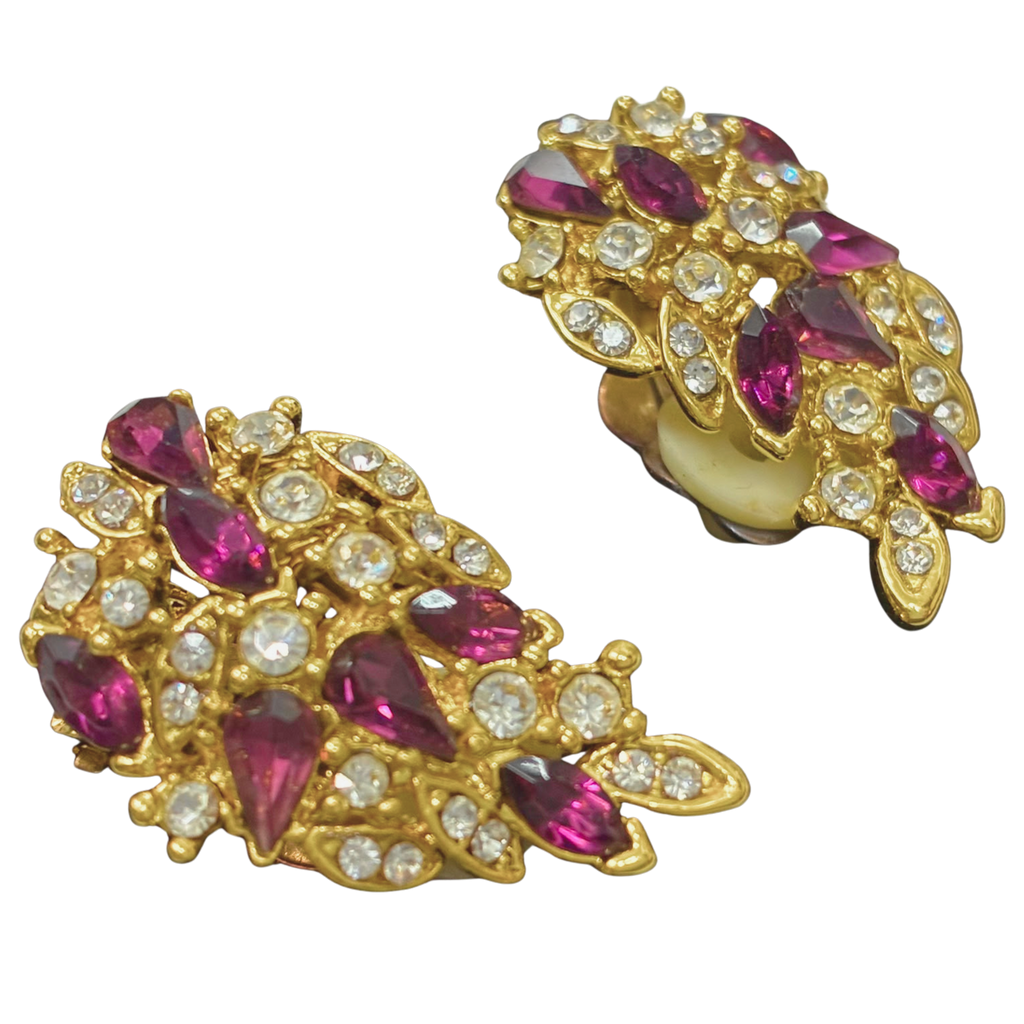 Gold Tone Clip On Earrings Crystal Cluster Leaf Shaped Design