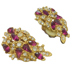 Gold Tone Clip On Earrings Crystal Cluster Leaf Shaped Design