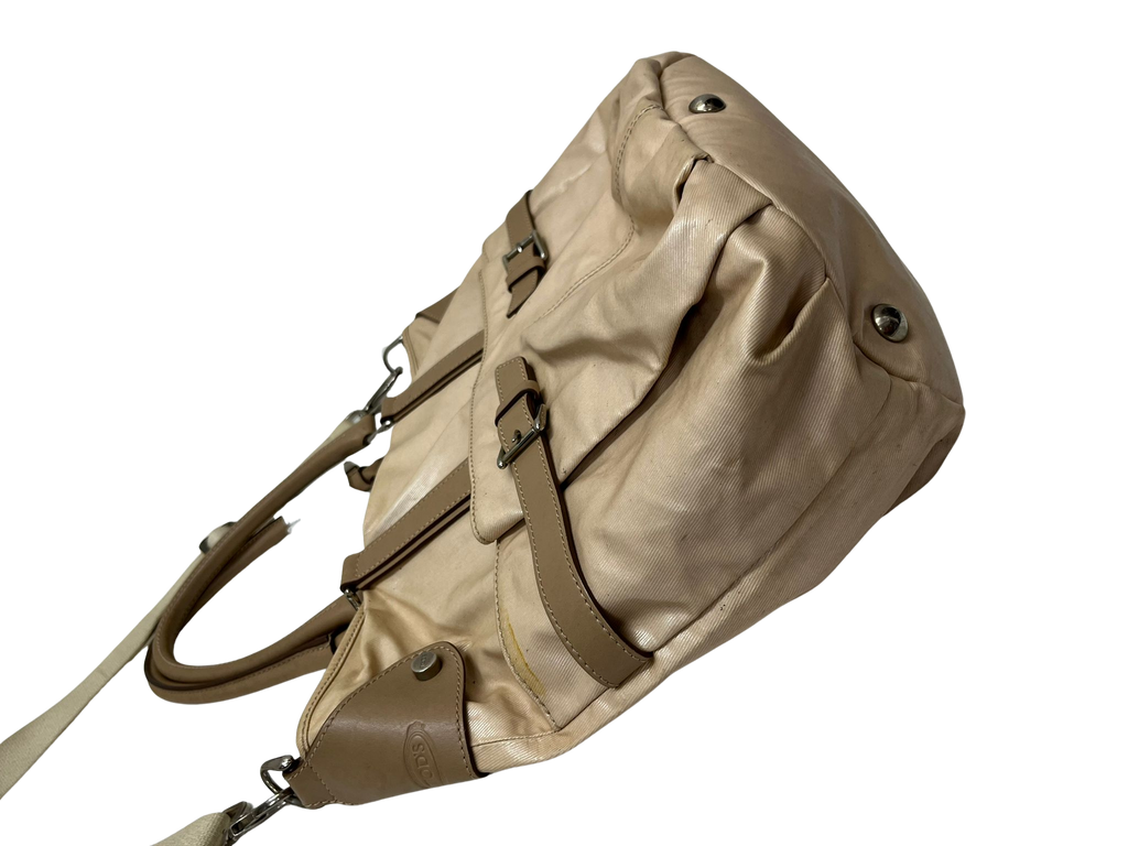 TODS Beige Coated Canvas Leather Trim Cargo Crossbody BAG