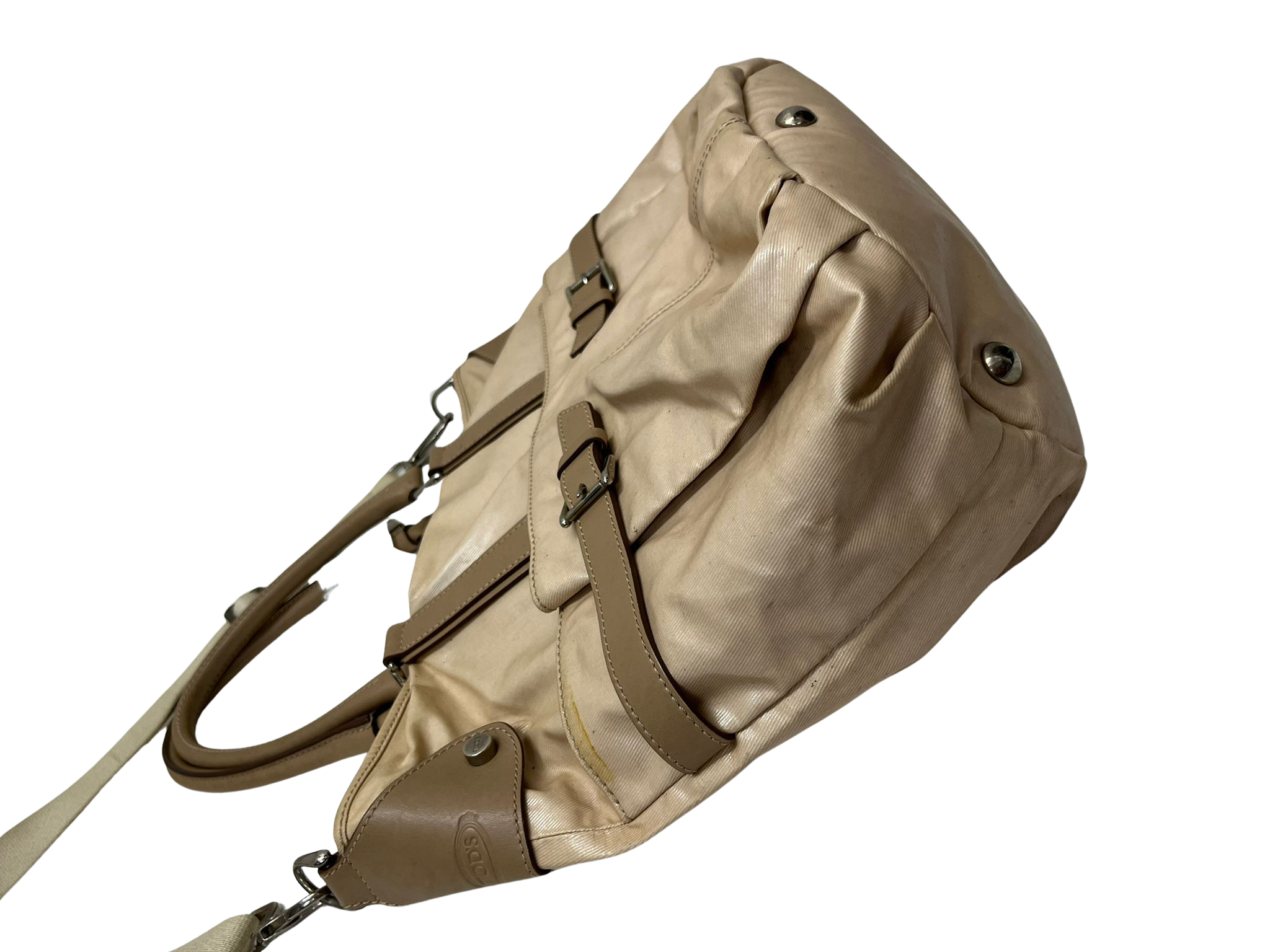 TODS Beige Coated Canvas Leather Trim Cargo Crossbody BAG