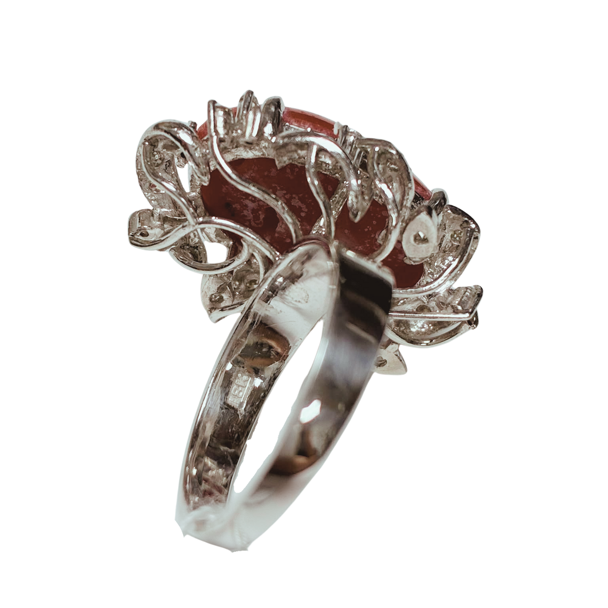 18KWG Oval Red Coral Cabochon And Diamond Ring 9.4GM