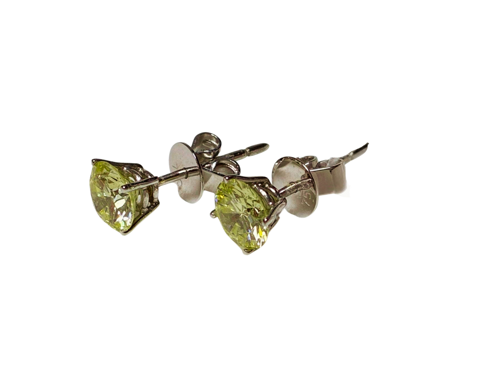 Round Cut Yellow 1.7CT Diamond Stud Earrings 750 White Gold Prongs