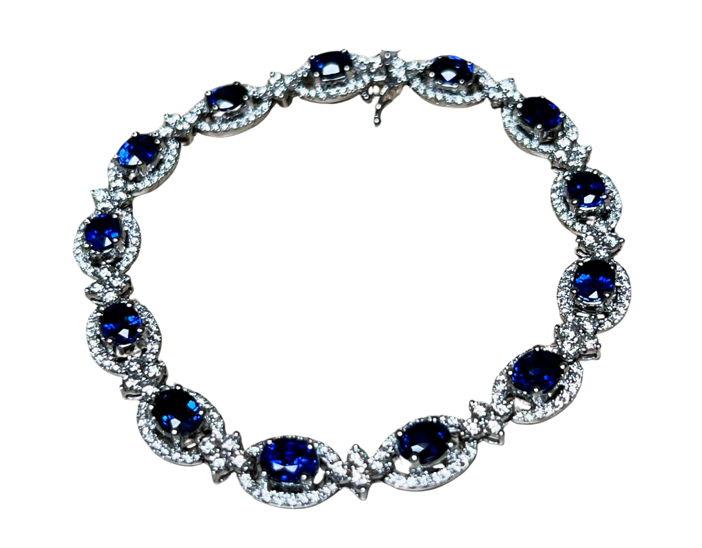 18K White Gold Blue Sapphire Diamond Bracelet 13.0GM