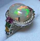 750 White Gold 6.2g Opal Diamond Ring With Colored Stones
