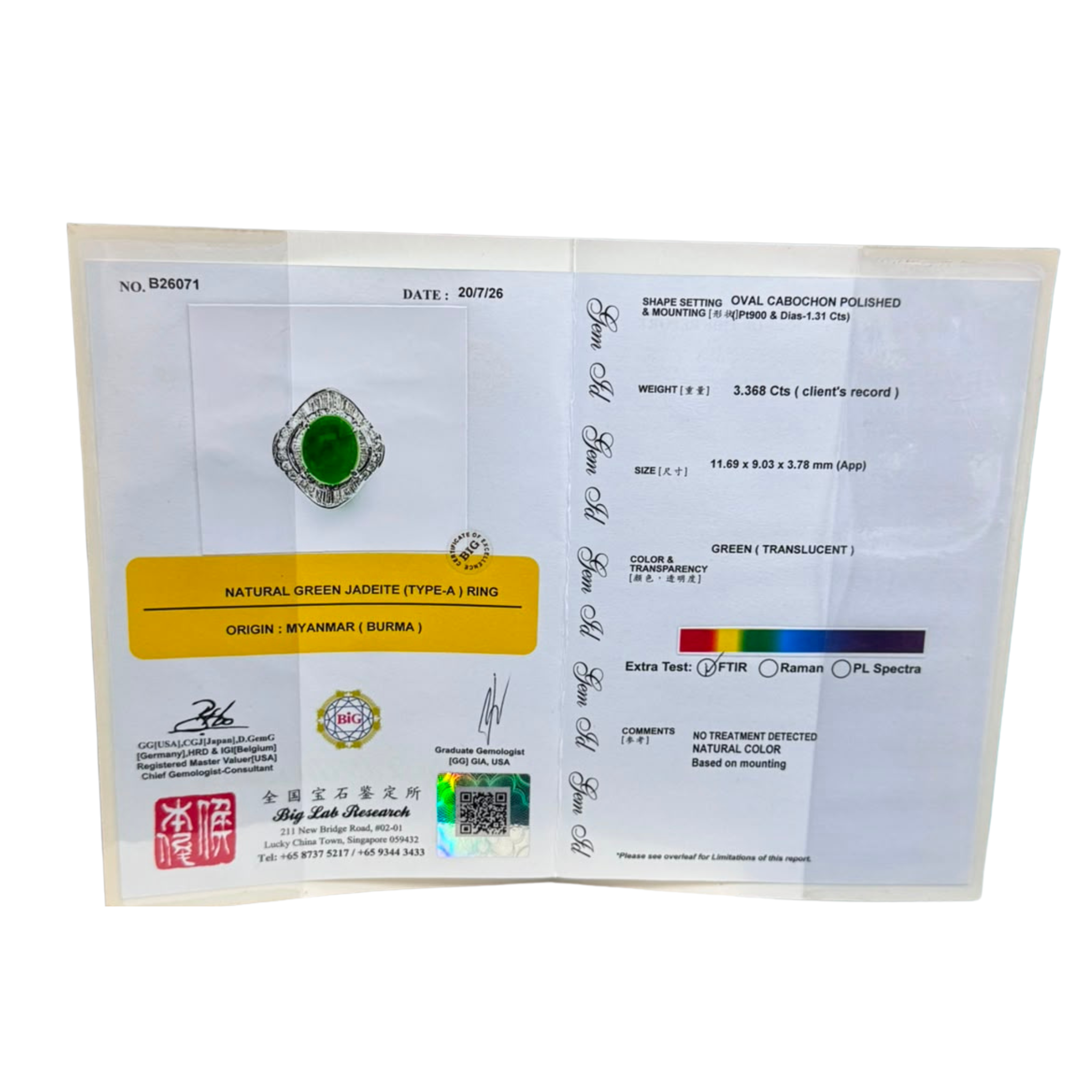 PT900 Burma Jadeite A Jade=3.368ct, Diamonds=1.31cts Ring With Cert