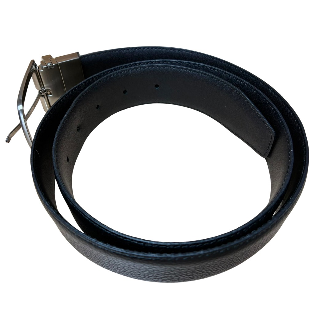 Tumi Reversible Adjustable Leather Belt Black Strap Silver Toned Buckle Rectabgular Pin