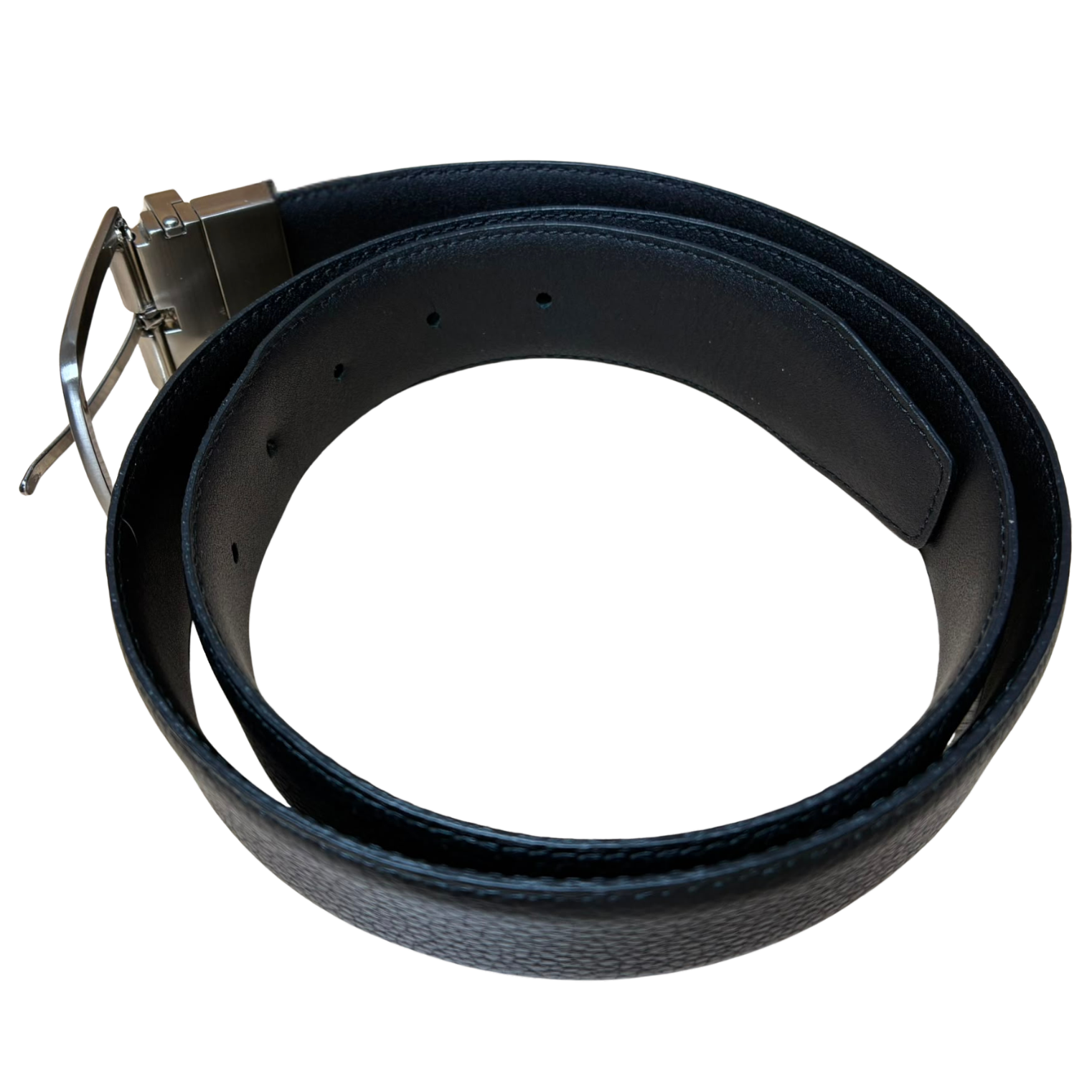 Tumi Reversible Adjustable Leather Belt Black Strap Silver Toned Buckle Rectabgular Pin