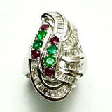 18K White Gold Emerald Ruby Diamond Lady Ring