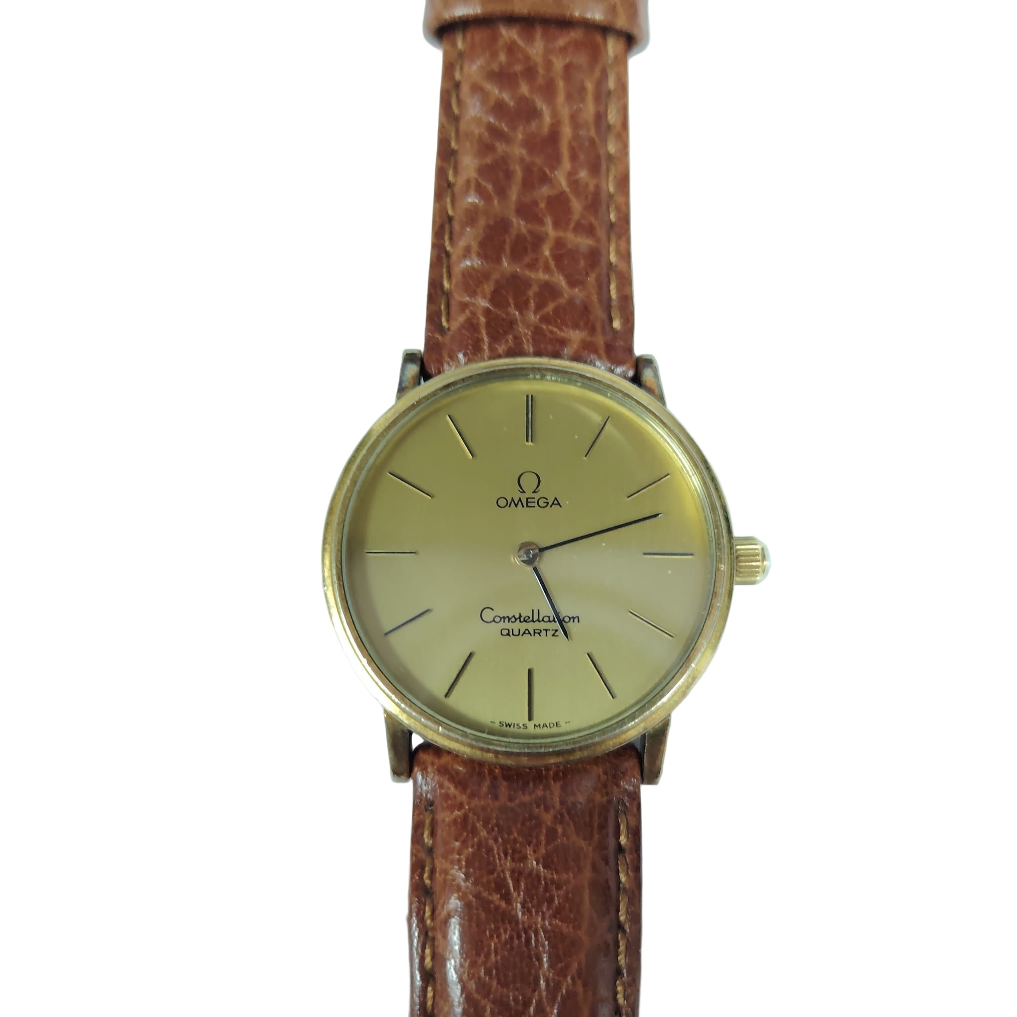 Omega Constellation Quartz Men Gold Face Leather Strap