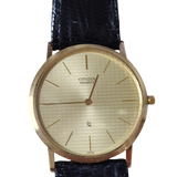 Citizen 462527 Quartz 18K Gold Case With Textured Dial Black Leather Strap