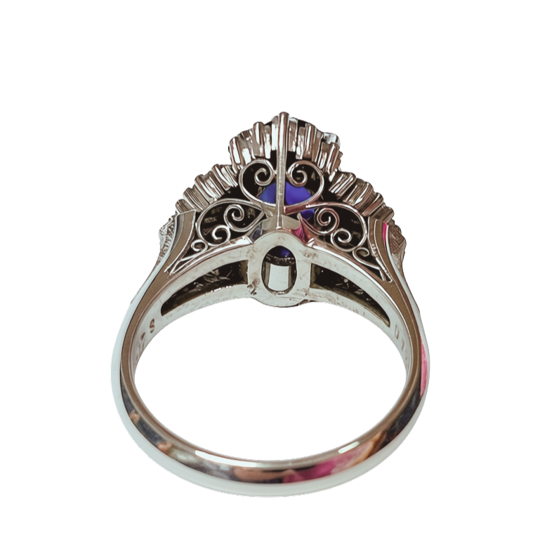 PT900  Ballerina Cluster Ring Oval Deep Blue Sapphire Framed By Tiered Halo Of Tapered Baguette And Round Diamonds 9.0G Size 11