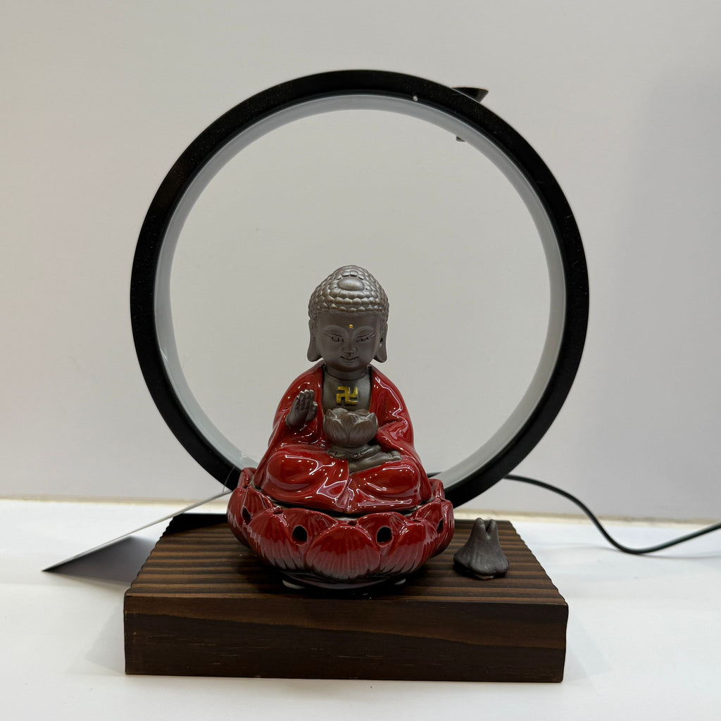 Red Buddha Incense Pot With LED Ring (Adjustable Light)