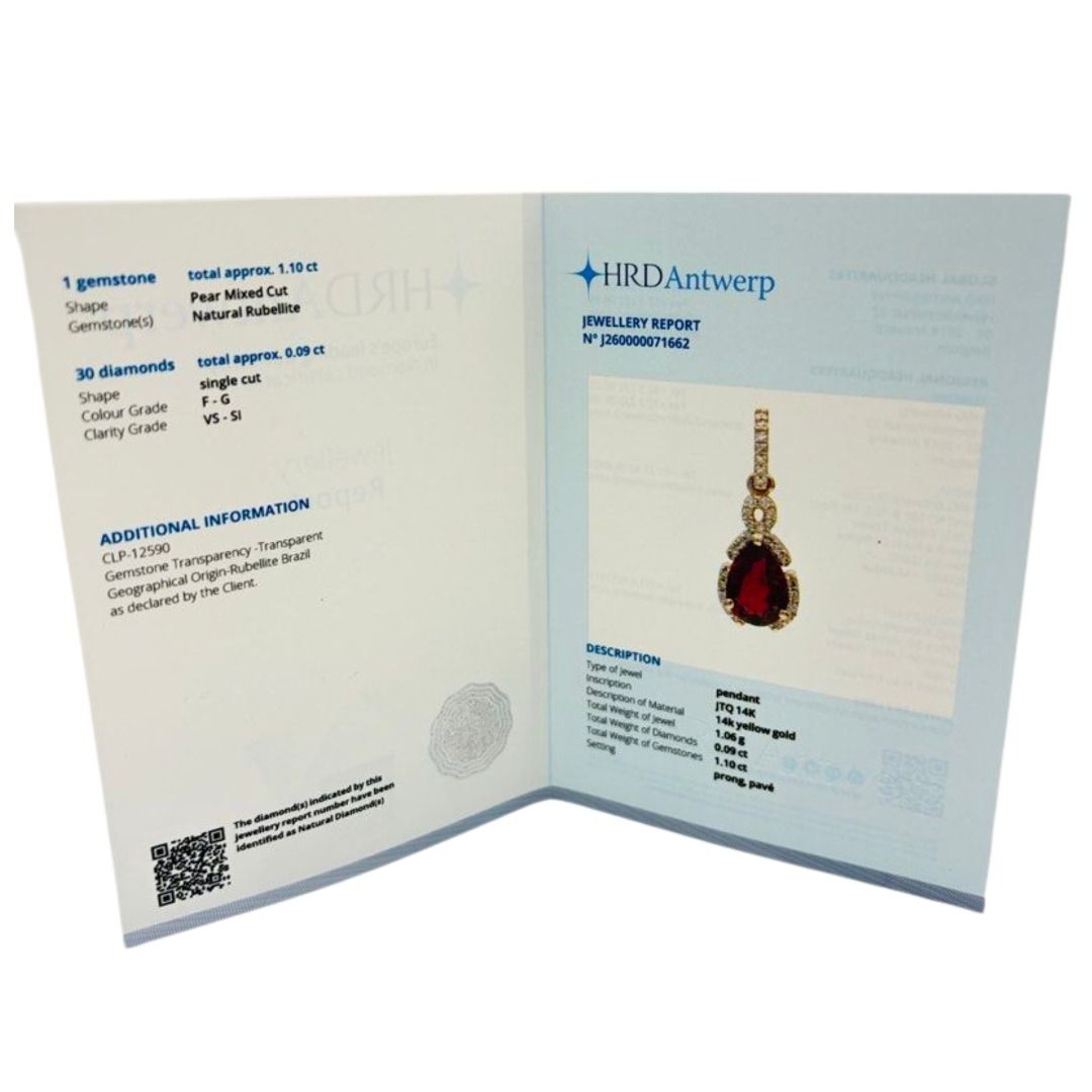 14K Yellow Gold Natural Rubellite & Diamond Pendant