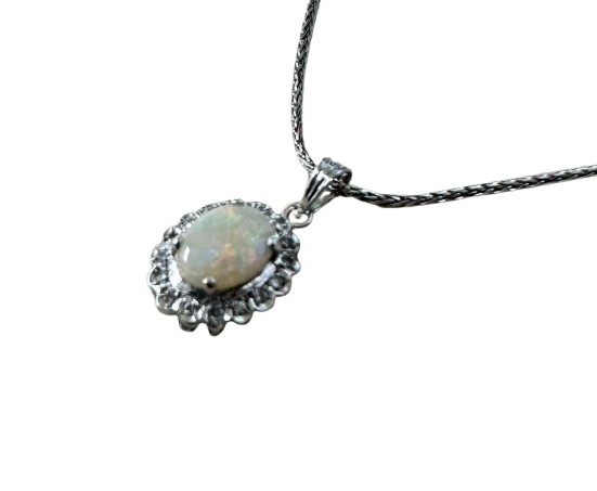18K White Gold Opal Diamond Pendant With Necklace 4.5G Secondary image