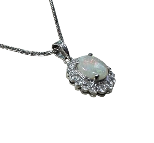 18K White Gold Opal Diamond Pendant With Necklace 4.5G
