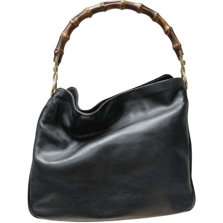 Vintage Black Leather Gucci Bamboo Hobo Handbag