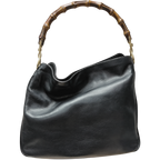 Vintage Black Leather Gucci Bamboo Hobo Handbag