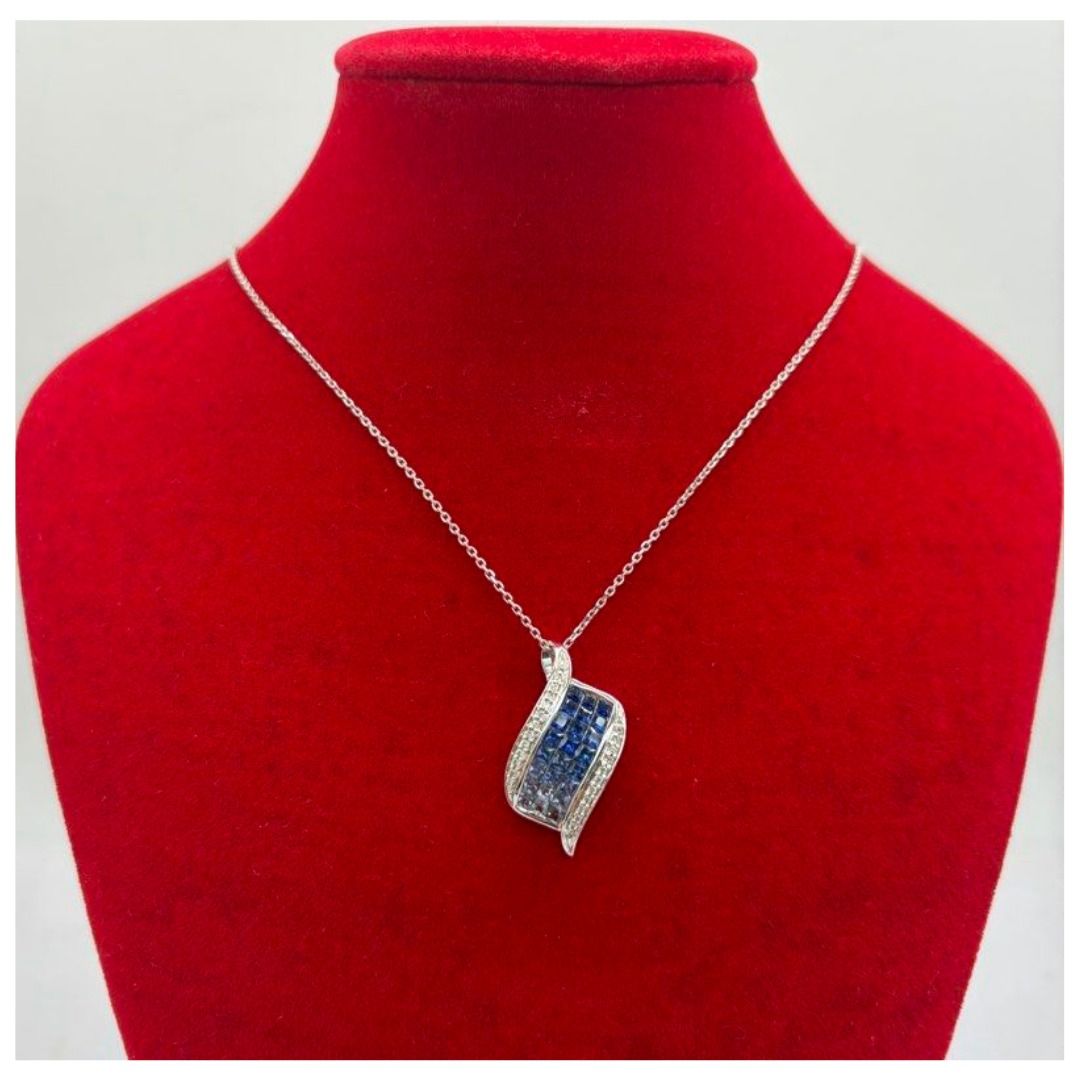 18K White Gold Natural Blue Sapphire & Diamond Necklace