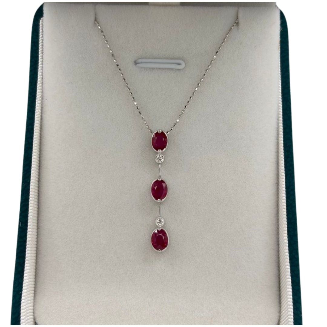 18K White Gold Natural Ruby & Diamond Necklace