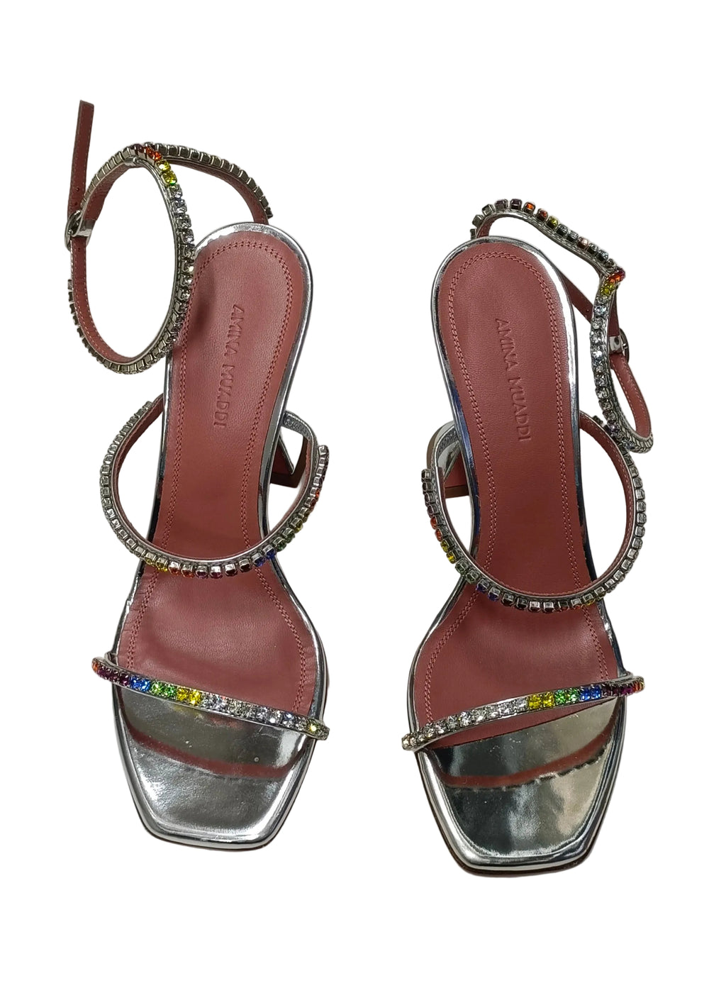 Amina Muaddi Made In Italy Gilda Sandal Rainbow Crystal Heels-Size 36.5