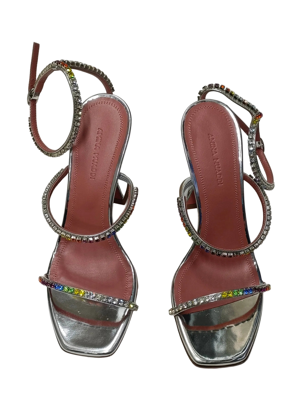 Amina Muaddi Made In Italy Gilda Sandal Rainbow Crystal Heels-Size 36.5