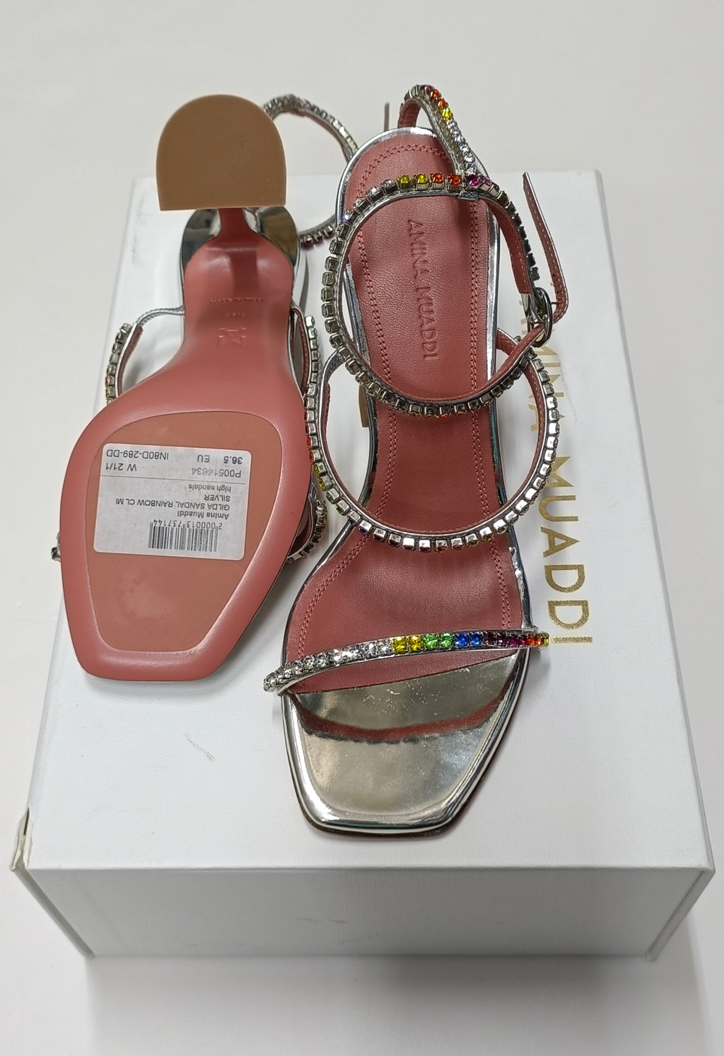 Amina Muaddi Made In Italy Gilda Sandal Rainbow Crystal Heels-Size 36.5
