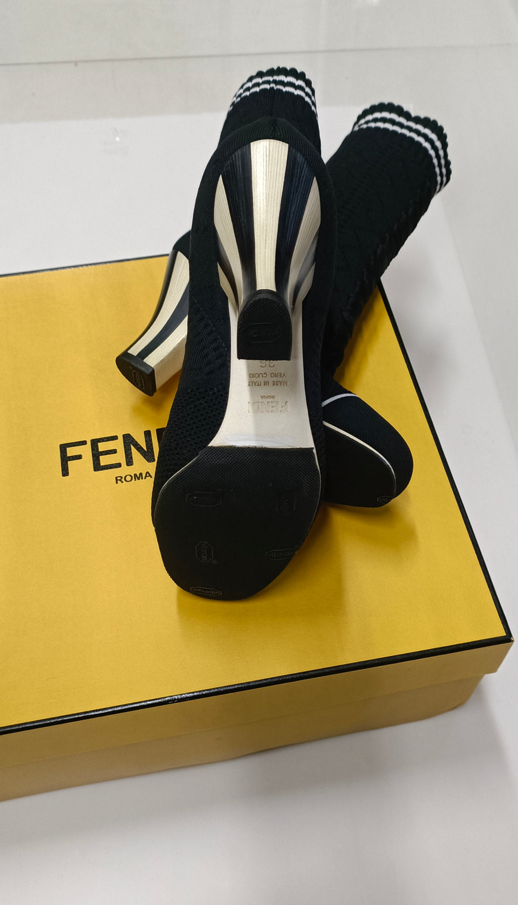 Fendi Made In Italy Rockoko Knit Sock Boots-Black Size 36