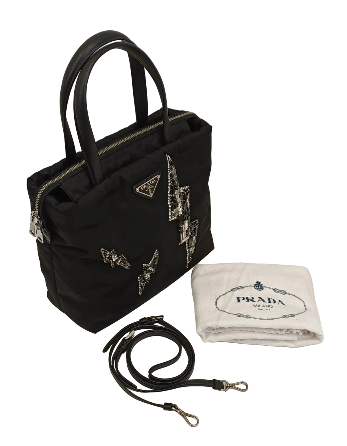 Prada Lightning Bolt Tote & Sling Bag-Nylon/Black-Box/2 Way
