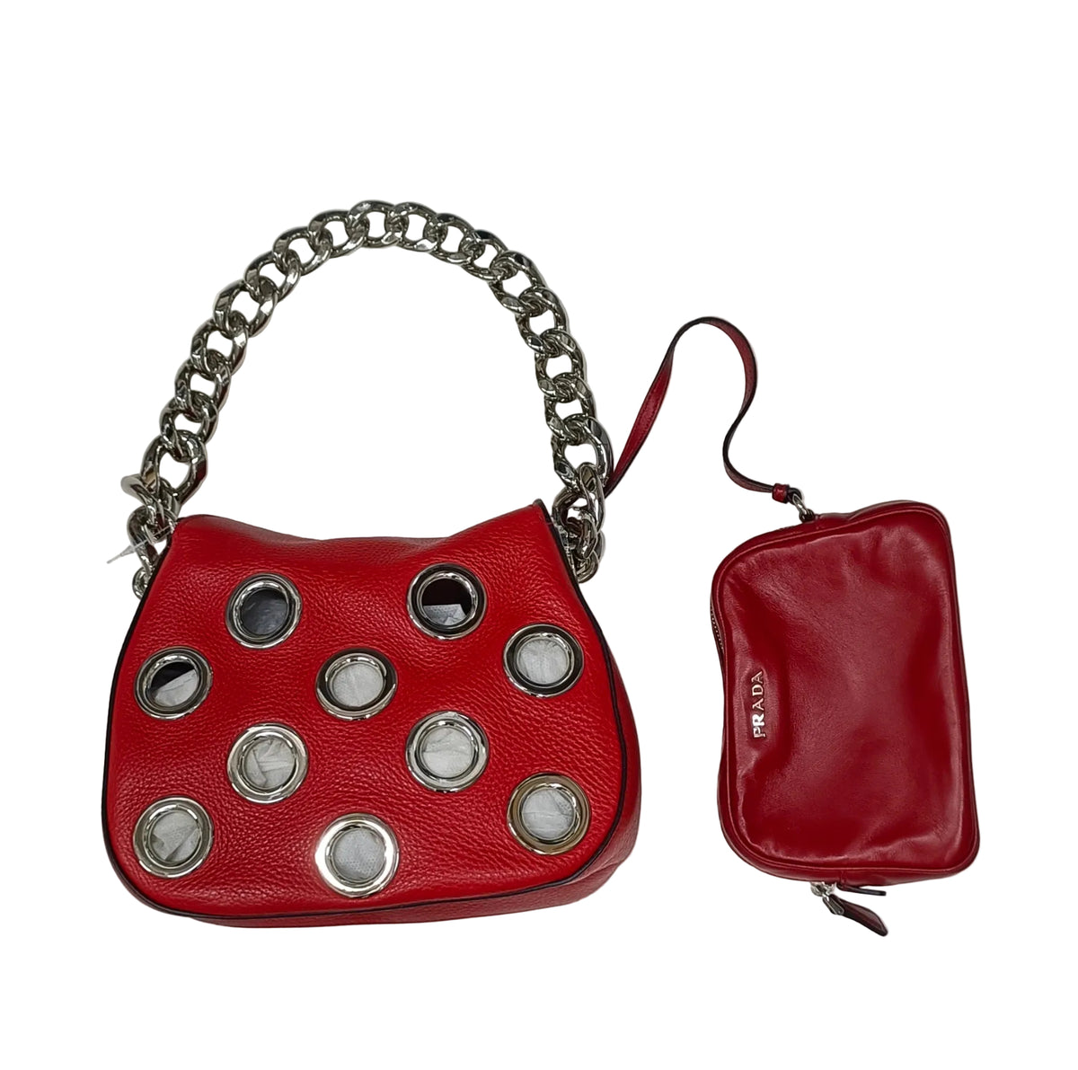 Prada Vitello Daino Grommet Iba027 Shoulder Bag-Leather/Chain/Lacca Red/Large