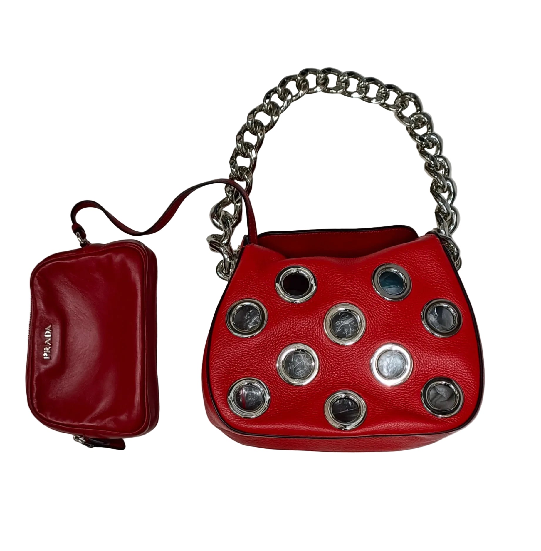 Prada Vitello Daino Grommet Iba027 Shoulder Bag-Leather/Chain/Lacca Red/Large Secondary image