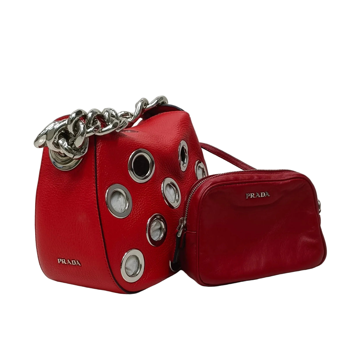 Prada Vitello Daino Grommet Iba027 Shoulder Bag-Leather/Chain/Lacca Red/Large