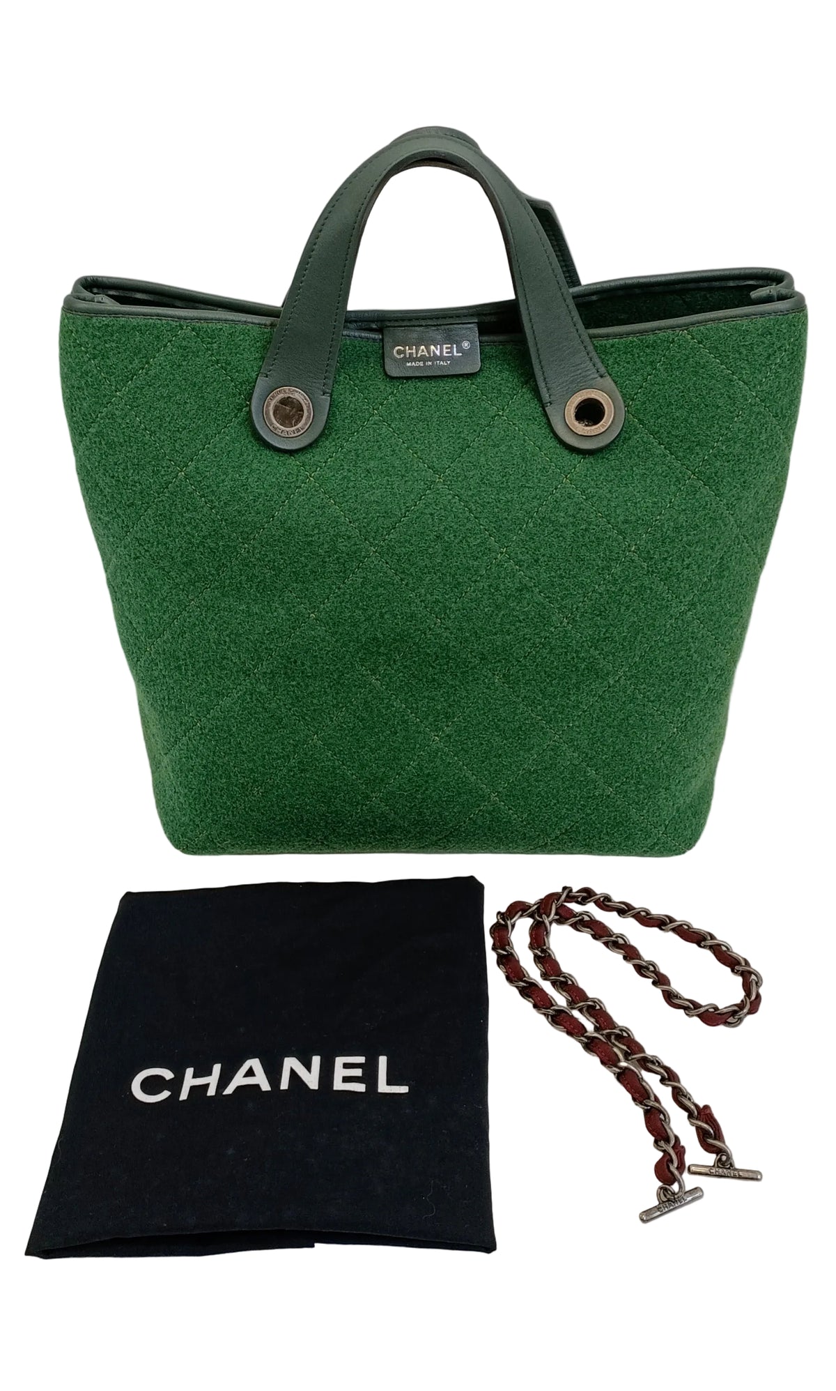 Chanel Medium Quilted Felt Pop Tote Bag 2 Way-Wool/Calf Skin Top Handle & Chain/Green/Year 2011