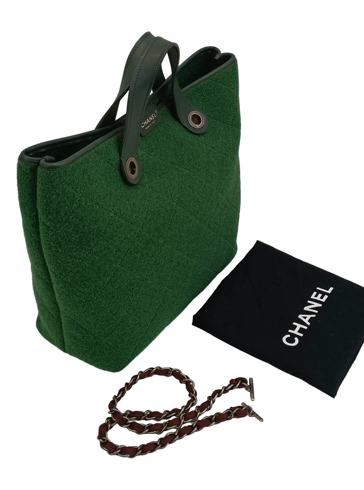 Chanel Medium Quilted Felt Pop Tote Bag 2 Way-Wool/Calf Skin Top Handle & Chain/Green/Year 2011