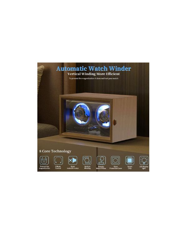 Automatic Watch Winder With LED Light Soft Flexible Watch Pillow AC Adapter Quiet Motor 4 Rotation Modes 2 Slots Main image