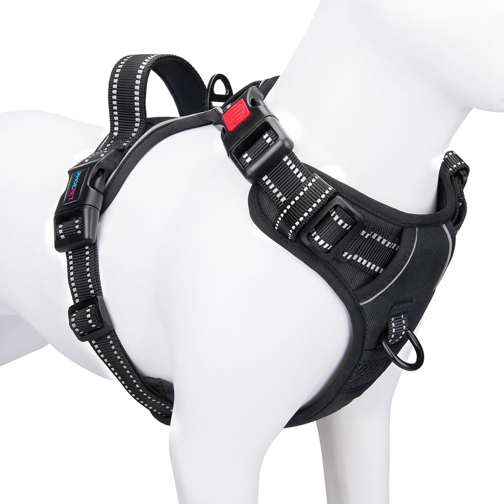 PHOEPET No Pull Dog Harnesses For Small Dogs Reflective Adjustable Front Clip Vest With Handle 2 Metal Rings 3 Buckles S Black